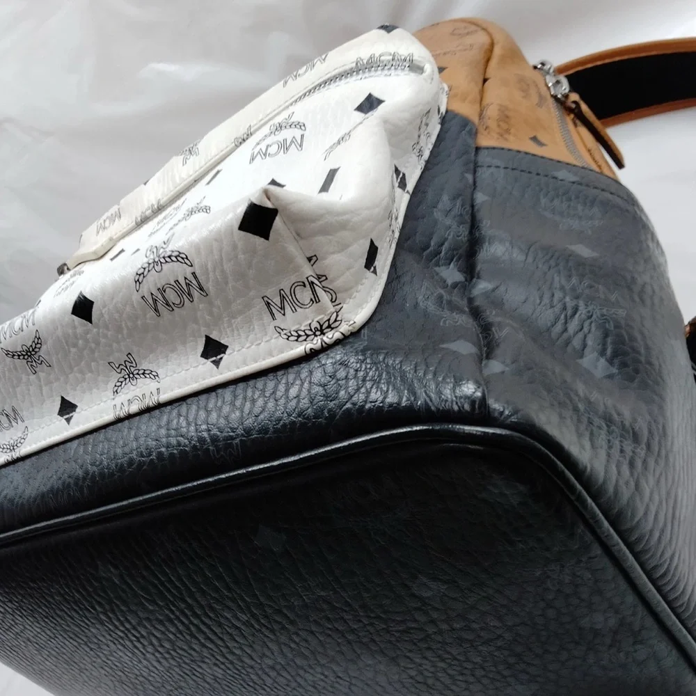 Authentic MCM BackPack Bag  Black Tan White leather pvc